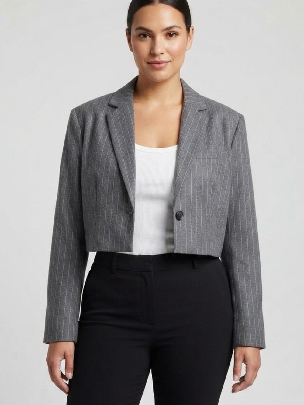 Dynamite Kora Cropped Blazer Grey Pinstripe Large L